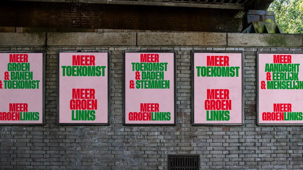 GroenLinks posters op een rij met de tekst Meer Toekomst Meer GroenLinks