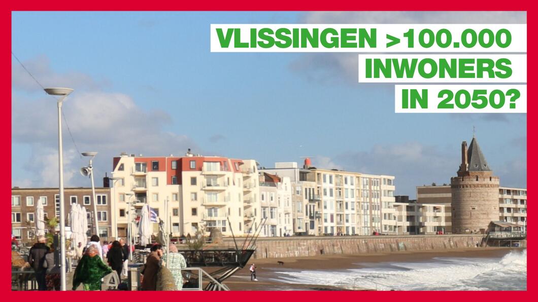 De boulevard van Vlissingen met tekst erover: Vlissingen meer dan 100.000 inwoners in 2050?
